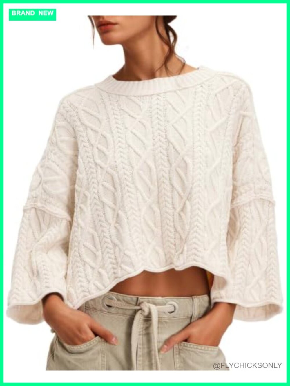 Women's Cable Knit Cropped Oversized Sweater Long Sleeve Pullover